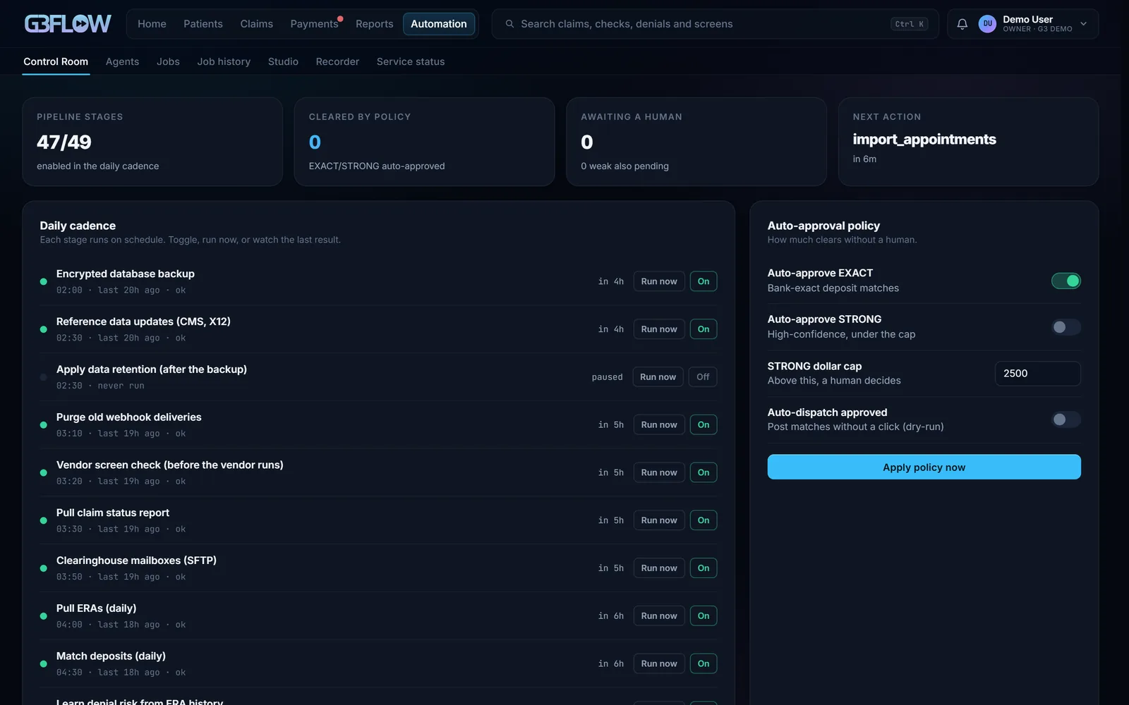 G3 Flow’s Control Room: scheduled stages such as the database backup, the claim status report and ERA pulls, each with its last run, beside the auto-approval policy switches.