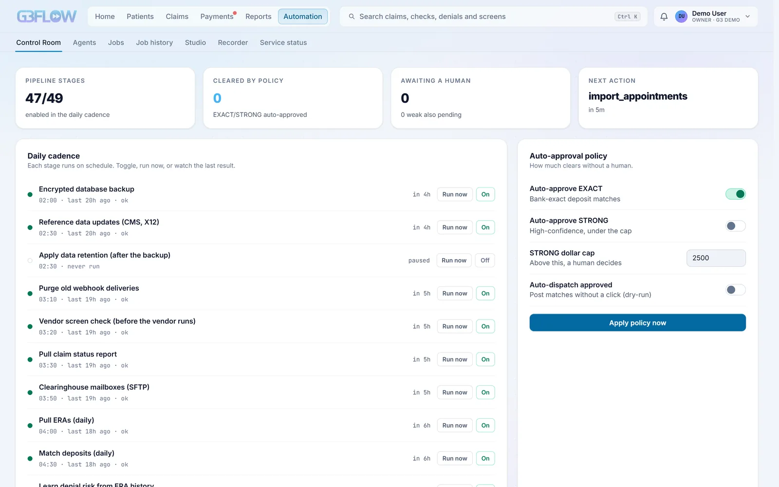 G3 Flow’s Control Room: scheduled stages such as the database backup, the claim status report and ERA pulls, each with its last run, beside the auto-approval policy switches.