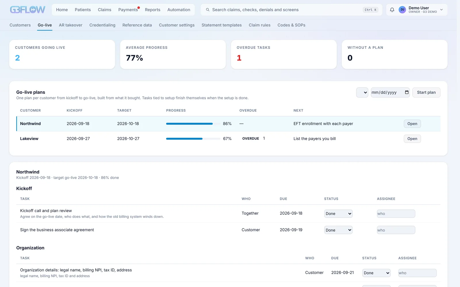 G3 Flow’s Go-live screen: two customers’ plans with kickoff and target dates, progress bars and next steps, above the first steps of one plan.