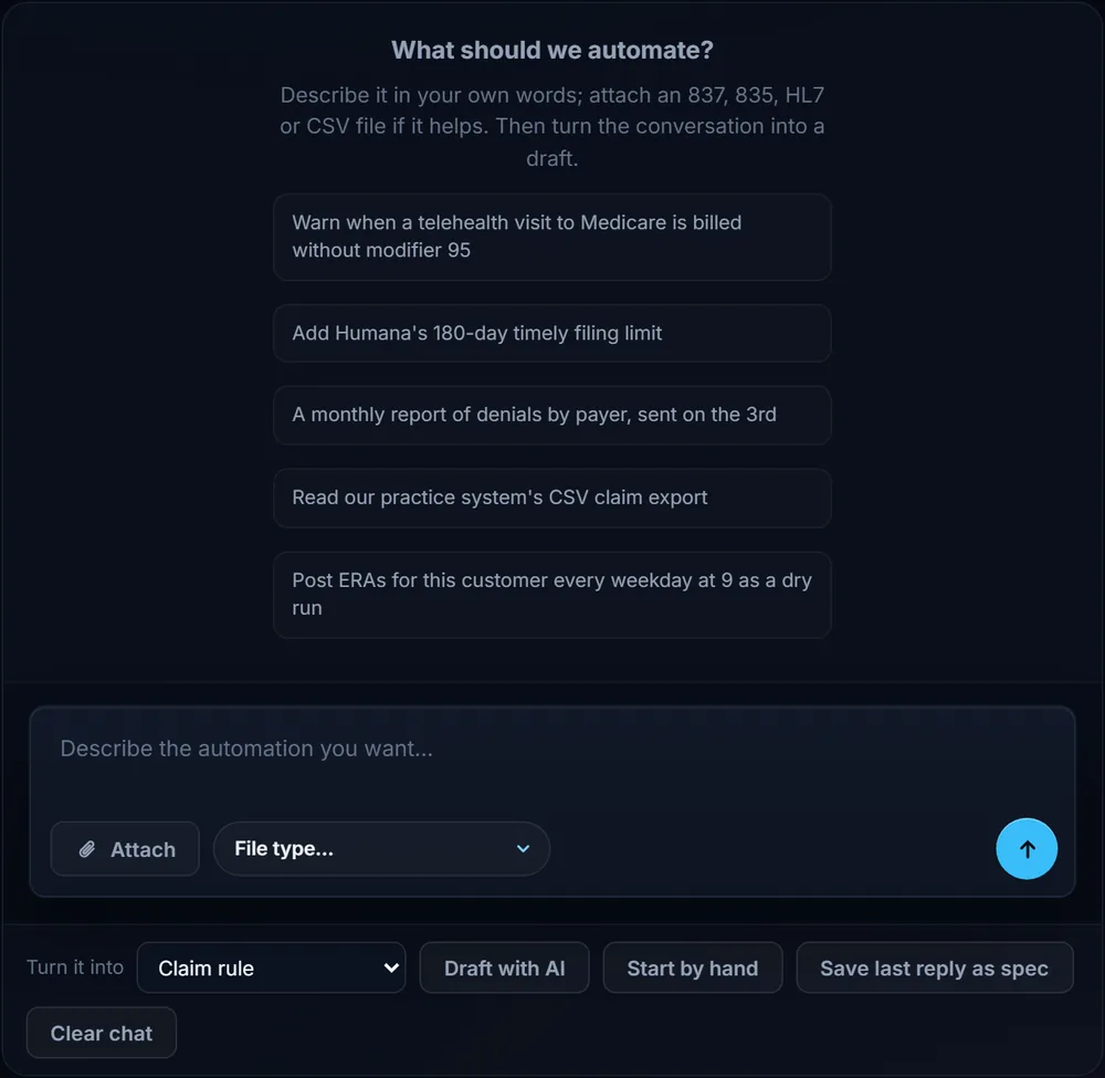 G3 Flow’s Automation Studio: suggested automations such as a telehealth modifier warning and a monthly denials report, a box to describe the automation you want, and buttons to draft it.