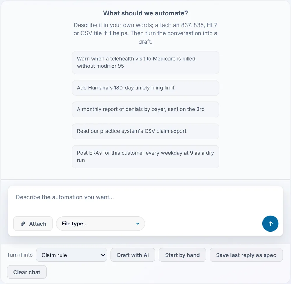 G3 Flow’s Automation Studio: suggested automations such as a telehealth modifier warning and a monthly denials report, a box to describe the automation you want, and buttons to draft it.